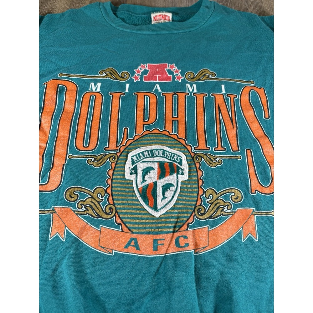 Vintage 90s Miami Dolphins Sweatshirt Nutmeg Large USA NFL Football Aqua VTG - Picture 3 of 7